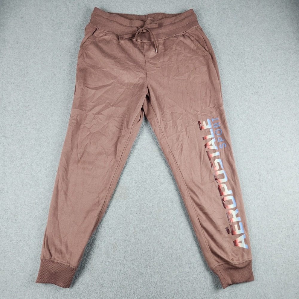 Aeropostale Sport Joggers Pants Womens M Brown Logo Fleece Graphic Drawstring